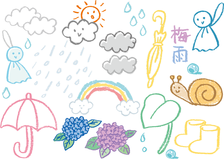 フリーイラスト クレヨンで描かれた梅雨関連のセットでアハ体験 Gahag 著作権フリー写真 イラスト素材集