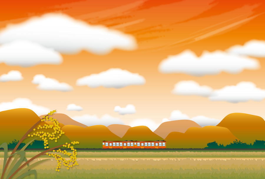 フリー イラスト夕焼けと秋の田舎の中を走る汽車