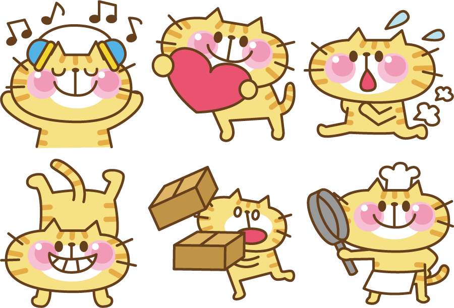 フリー イラスト6種類の表情と動作の違う猫のセット