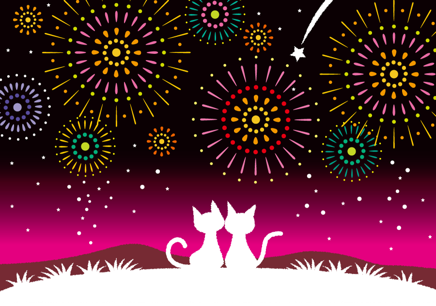 フリー イラスト打ち上げ花火を見る猫のカップル