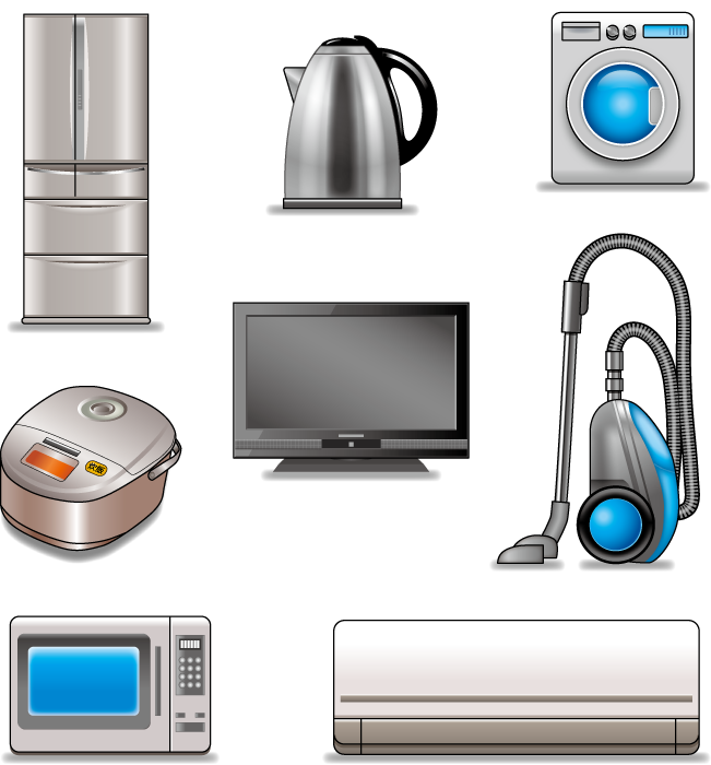 フリー イラスト冷蔵庫などの8種類の家電機器のセット