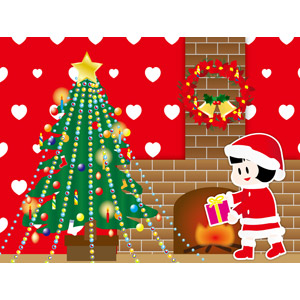 フリーイラスト, ベクター画像, AI, 背景, 年中行事, クリスマス, 12月, クリスマスツリー, クリスマスリース, クリスマスプレゼント, 子供, 女の子, 暖炉, サンタの衣装, ハート, 冬