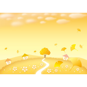 フリーイラスト, ベクター画像, AI, 風景, 夕暮れ（夕方）, 夕焼け, イチョウ, 紅葉（黄葉）, 秋, 落葉（落ち葉）, 樹木, 小道, 家（一軒家）, 田舎, オレンジ色