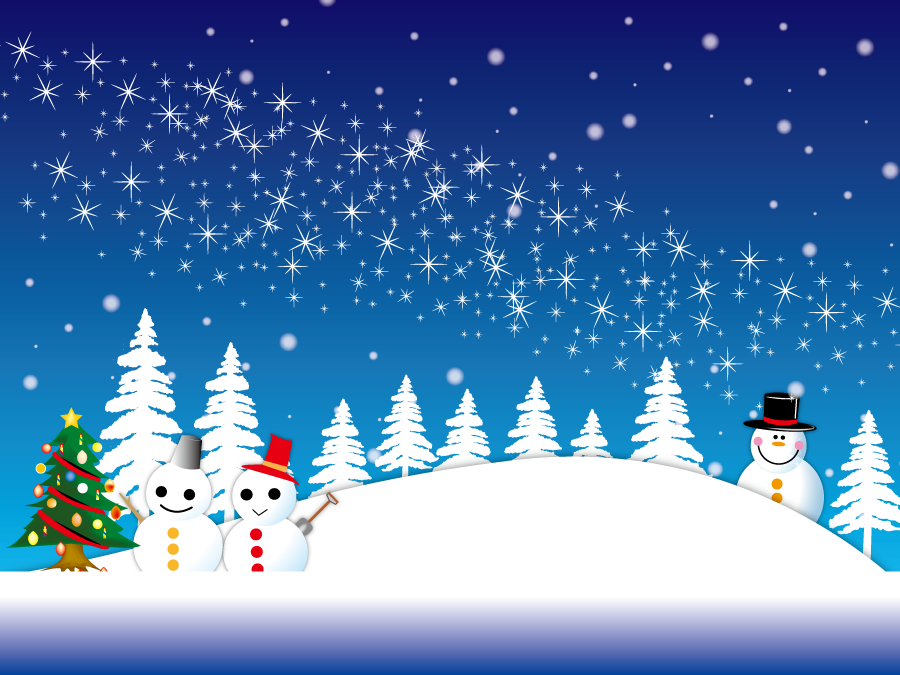 フリーイラスト 雪だるまとクリスマスツリーと雪の降る夜