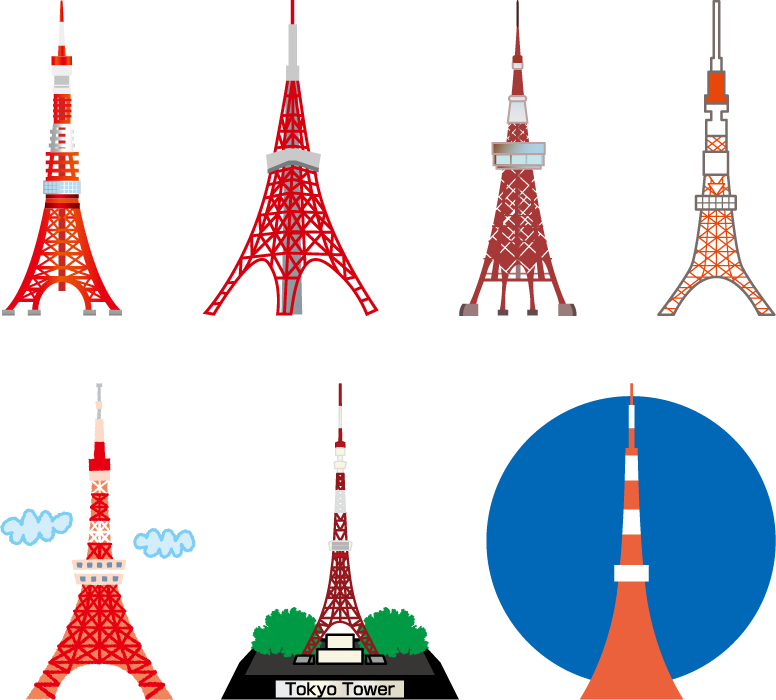 フリーイラスト 7種類の東京タワーのセット