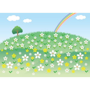 フリーイラスト, ベクター画像, AI, 風景, 自然, 丘, 植物, 花, 樹木, 虹, 青空
