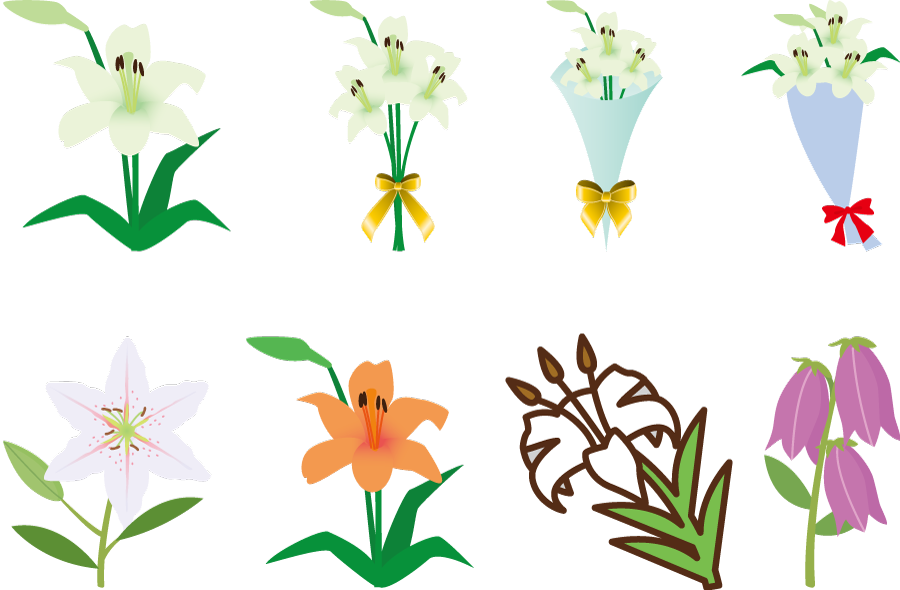 フリーイラスト 8種類のユリの花のセット