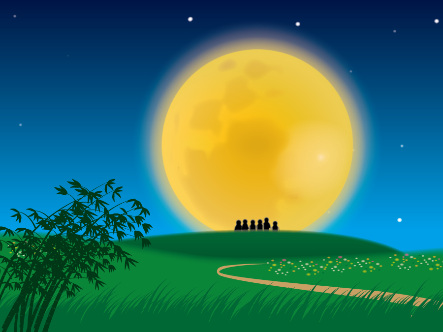 フリーイラスト 満月を眺める人々の風景