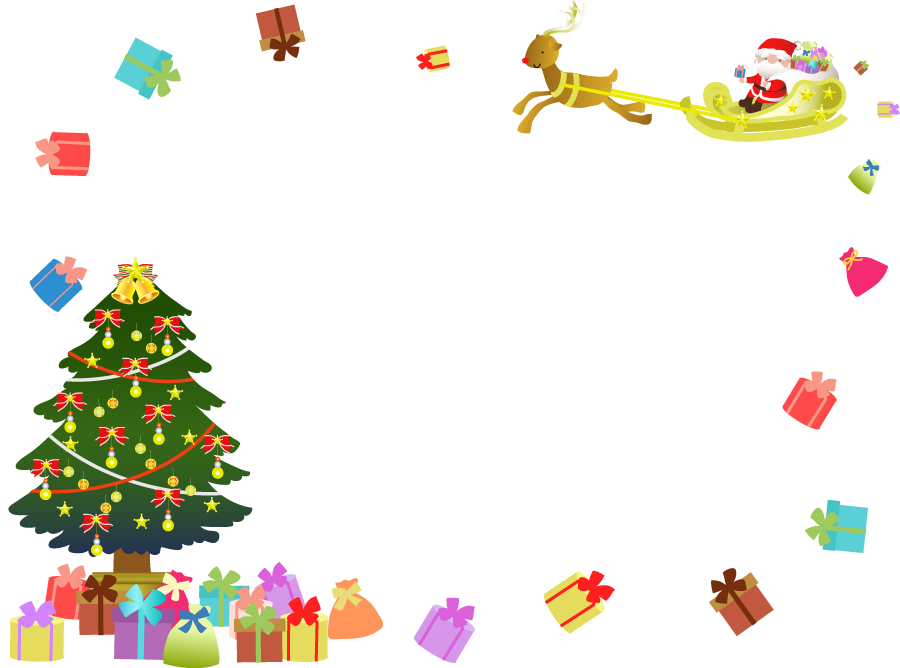 フリーイラスト サンタとトナカイとツリーとプレゼントのクリスマスフレーム