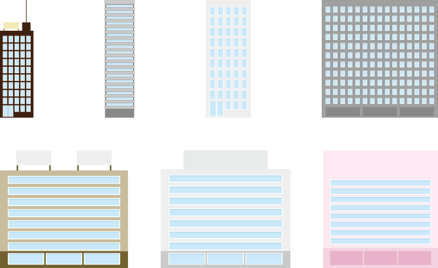 フリーイラスト 7種類の高層ビルのセット