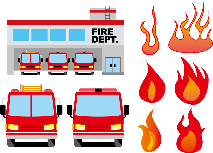 フリーイラスト 消防署と消防車と燃え上がる火のセット