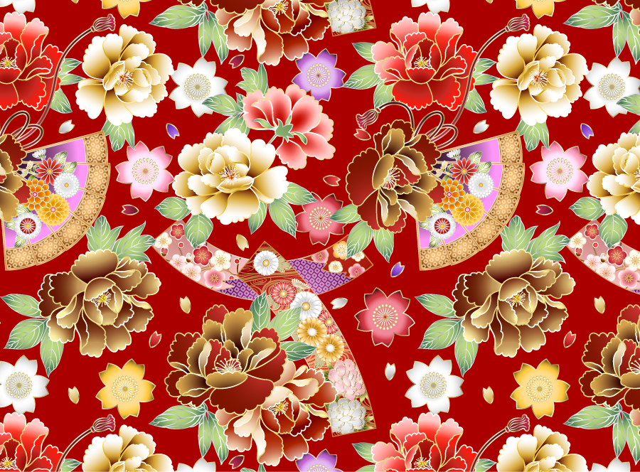 フリーイラスト 牡丹と桜の花と扇子の和柄の背景