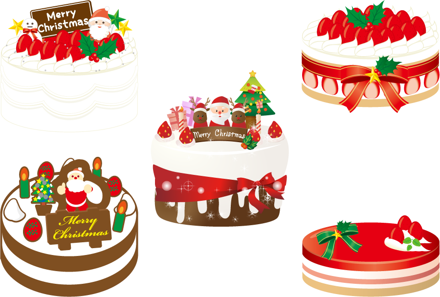 フリーイラスト デコレーションされた5種類のクリスマスケーキのセット