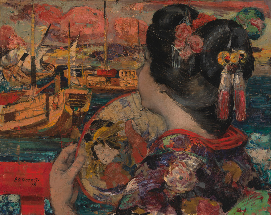 フリー絵画 エドワード・アトキンソン・ホーネル作「横浜、バルコニーにて」