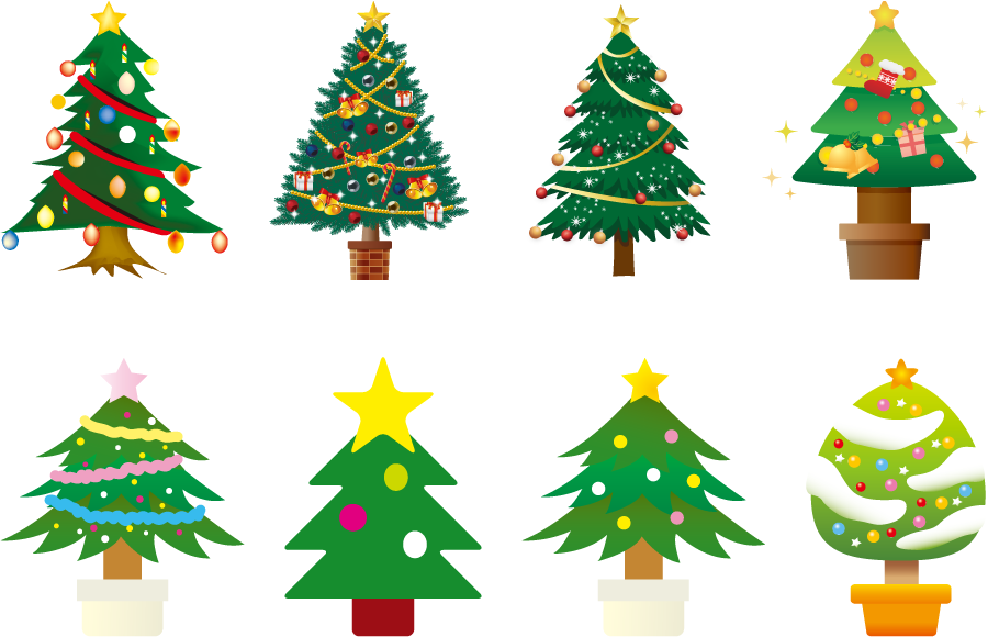 フリーイラスト 8種類のクリスマスツリーのセット