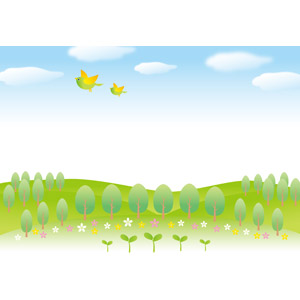 フリーイラスト, ベクター画像, AI, 風景, 自然, 新芽, 樹木, 青空, 小鳥, 丘