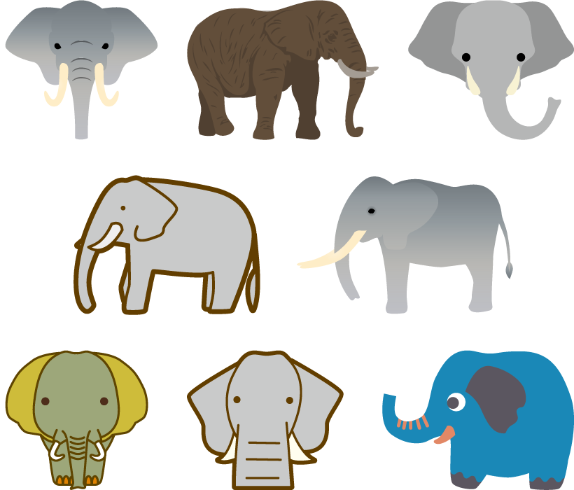 フリーイラスト 8種類の象のセット