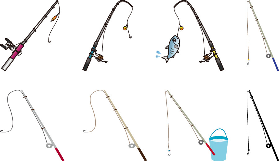 フリーイラスト 8種類の釣り竿のセット
