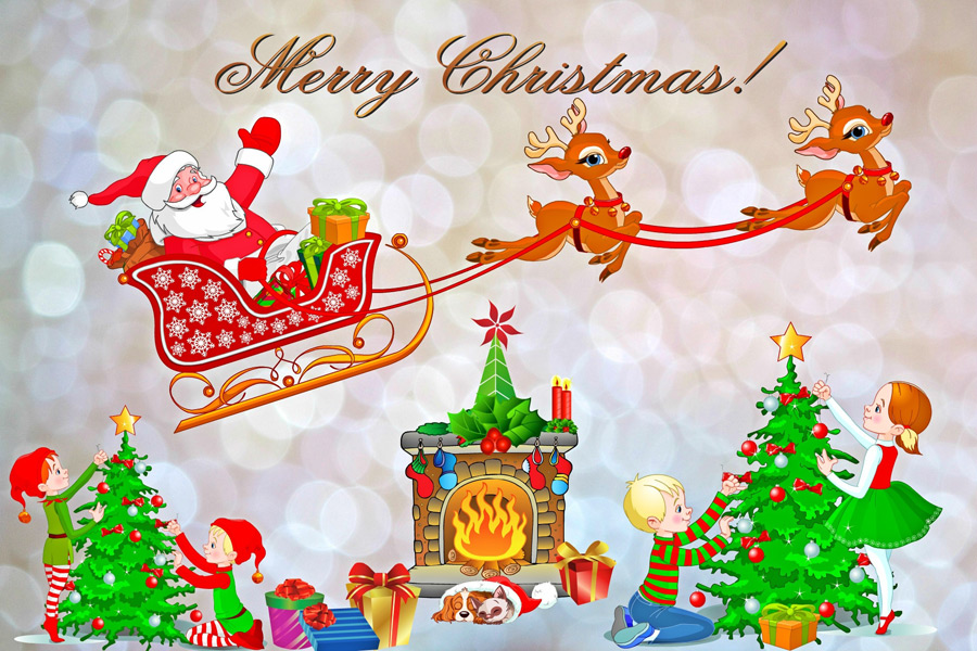 フリーイラスト ツリーの飾りつけをする子供とエルフのクリスマス背景