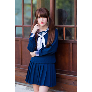 フリー写真, 人物, 女性, アジア人女性, 中国人, 欣欣（00001), 少女, アジアの少女, セーラー服（学生服）, 学生服, 学生（生徒）, 高校生, ツインテール, 顎に指を当てる
