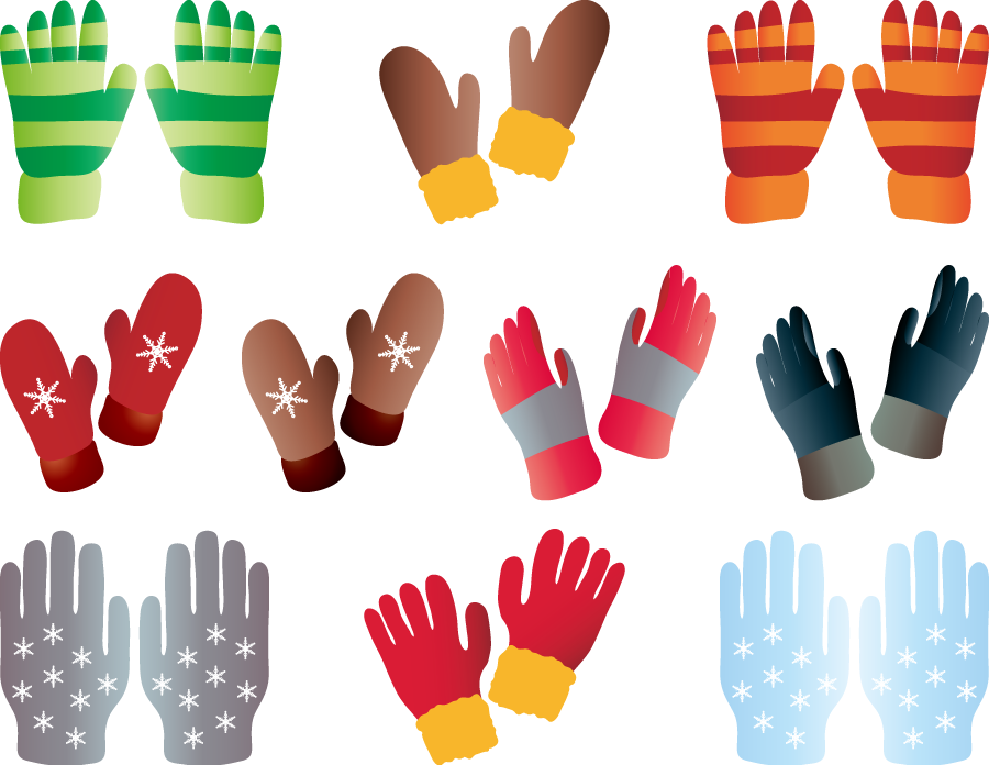フリーイラスト 10種類の防寒用手袋のセット