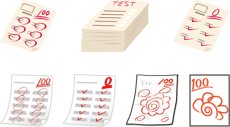 フリーイラスト 7種類のテストの答案用紙セット