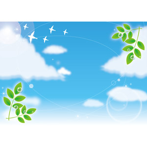 フリーイラスト, ベクター画像, EPS, 背景, 空, 青空, 雲, 植物, 葉っぱ, 新緑, 水滴（雫）, 小鳥, エコロジー