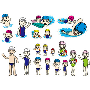 フリーイラスト, ベクター画像, AI, 人物, 男性, 女性, 子供, 男の子, 女の子, 親子, 母親（お母さん）, 赤ちゃん, 水着, 泳ぐ（水泳）, ビート板, 水泳帽（スイミングキャップ）