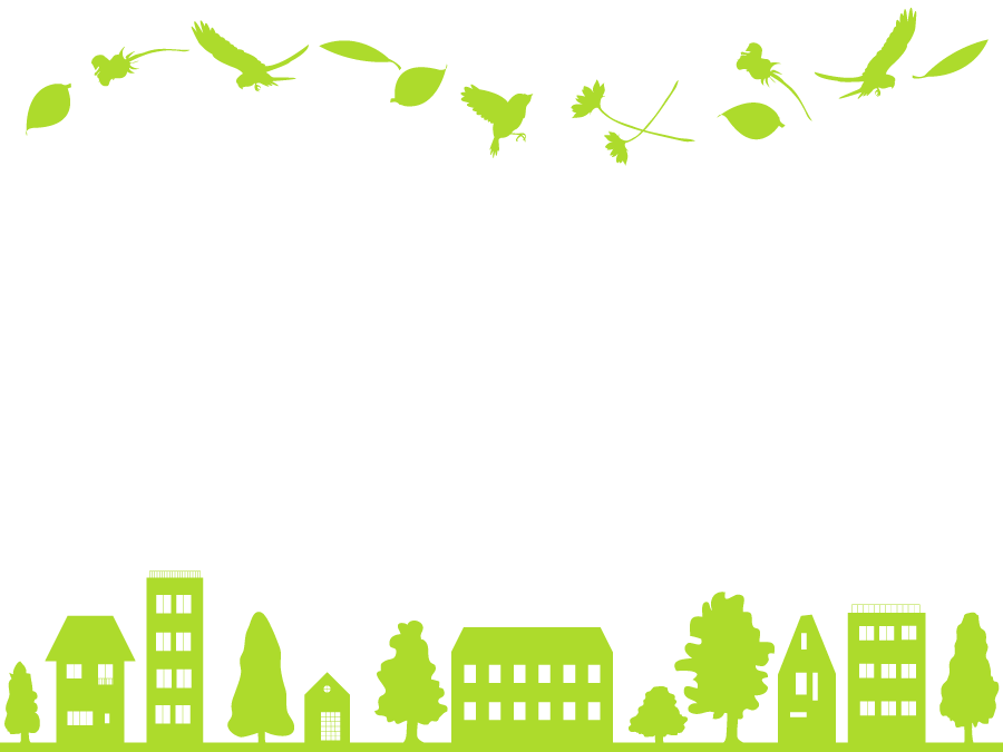 フリーイラスト 鳥と植物と街の緑のシルエットの飾り枠