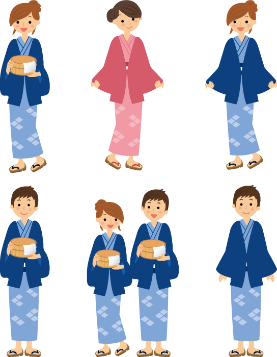 フリーイラスト 6種類の温泉旅館の浴衣を着た男女のセット