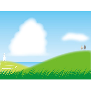 フリーイラスト, ベクター画像, AI, 風景, 灯台（ライトハウス）, 丘, 海, カップル, 恋人, 後ろ姿, 二人