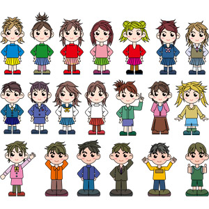 フリーイラスト, ベクター画像, EPS, 人物, 少年, 少女, 男の子, 女の子, 学生（生徒）, 学生服, 高校生, 中学生, ブレザー制服, セーラー服, 腰に手を当てる, 手を上げる, サムズアップ, いいね（グッド）, ワンポイントアドバイス