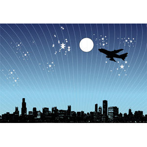 フリーイラスト, ベクター画像, EPS, 風景, 高層ビル, 都市, 街並み（町並み）, 夜, 夜空, 星（スター）, 満月, 乗り物, 航空機, 飛行機, 旅客機