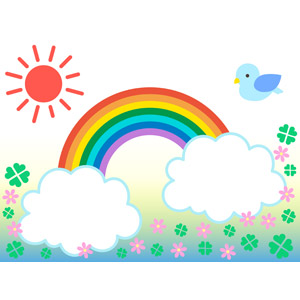 フリーイラスト, ベクター画像, EPS, 背景, 太陽, 晴れ, 小鳥, 青い鳥, 虹, 雲, ピンク色の花, クローバー（シロツメクサ）, 四つ葉のクローバー
