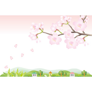 フリーイラスト, ベクター画像, EPS, 風景, 田舎, 村, 花, 桜（サクラ）, 花びら, 枝, ピンク色の花, 春