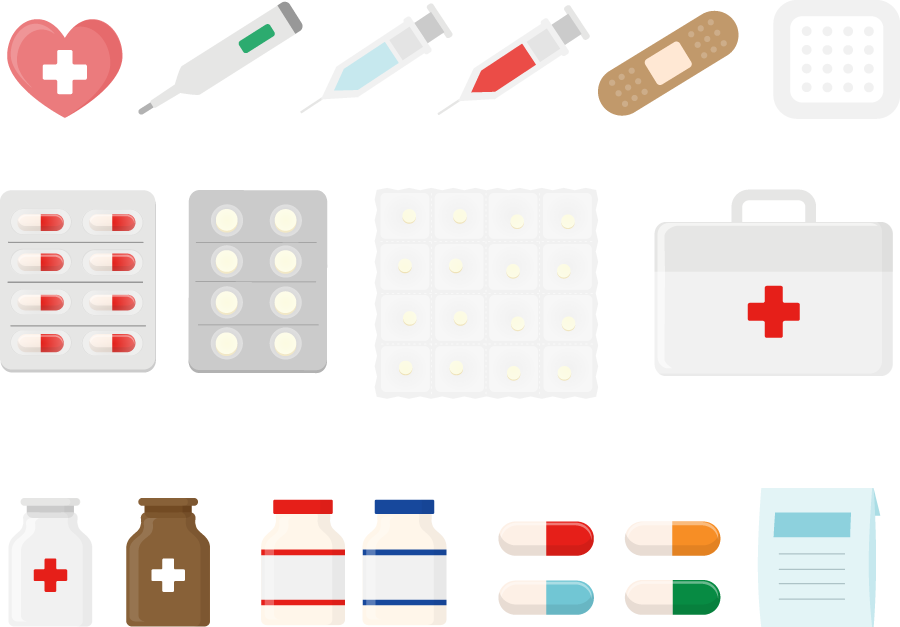フリーイラスト 薬や注射器や絆創膏などの医療関連のセット