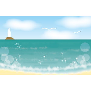 フリーイラスト, ベクター画像, EPS, 風景, 海, ビーチ（砂浜）, 灯台（ライトハウス）, 鴎（カモメ）, 夏