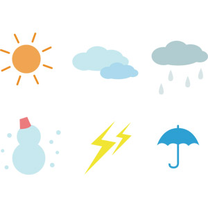 フリーイラスト, ベクター画像, AI, 天気, 晴れ, 雨, 傘, 曇り, 雪, 雪だるま, 雲, 太陽, 落雷（カミナリ）