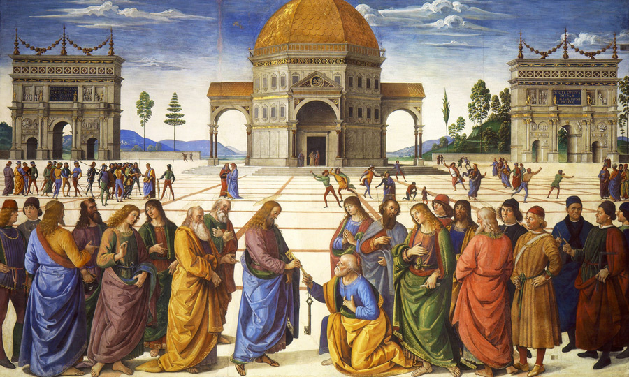 フリー絵画 ペルジーノ作「聖ペテロへの天国の鍵の授与」