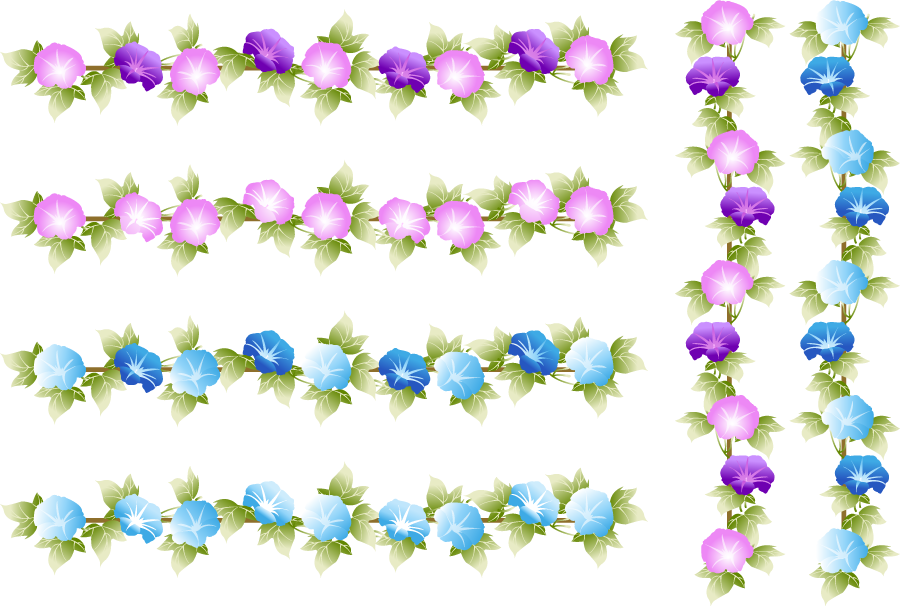 フリーイラスト 6種類の縦と横のあさがおの花のラインのセット