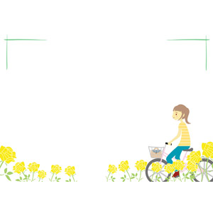フリーイラスト, ベクター画像, AI, 背景, フレーム, 上下フレーム, 人と乗り物, 女性, 自転車, 花, 薔薇（バラ）, 黄色の花, 花畑