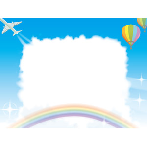 フリーイラスト, ベクター画像, AI, 背景, フレーム, 囲みフレーム, 空, 青空, 雲, 虹, 熱気球, 飛行機, 旅客機