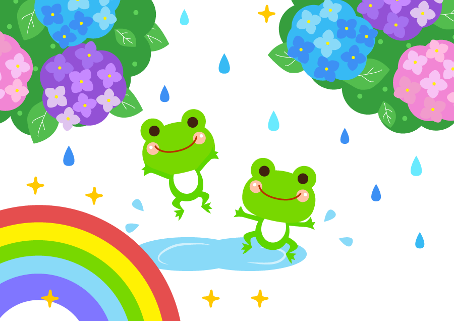 フリーイラスト 紫陽花と虹と雨を喜ぶ蛙の背景
