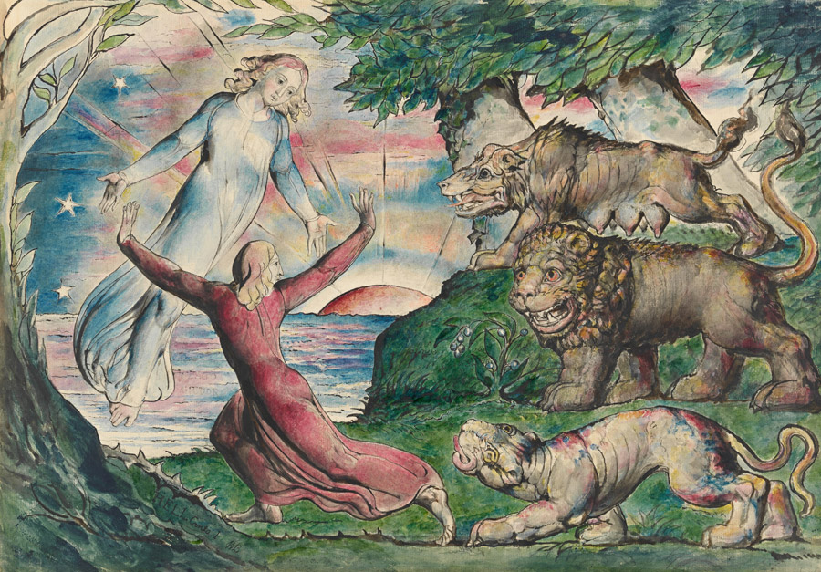 フリー絵画 ウィリアム・ブレイク作「三匹の獣から逃げるダンテ」