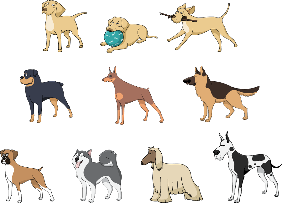 フリーイラスト ラブラドールレトリバーなどの10種類の犬のセット