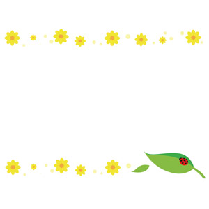 フリーイラスト, ベクター画像, AI, 背景, フレーム, 上下フレーム, 植物, 花, 黄色の花, 葉っぱ, てんとう虫（テントウムシ）