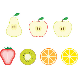 フリーイラスト, ベクター画像, AI, 食べ物（食料）, 果物（フルーツ）, キウイ, オレンジ, 洋なし（セイヨウナシ）, レモン, リンゴ, 青リンゴ, オレンジ, みかん