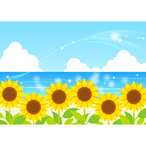 フリーイラスト, ベクター画像, AI, 背景, 夏, 植物, 花, 向日葵（ヒマワリ）, 黄色の花, 海, 輝き, 青空, 積乱雲（入道雲）