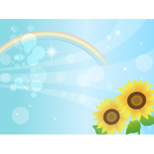 フリーイラスト, ベクター画像, AI, 背景, 青空, 虹, 植物, 花, 向日葵（ヒマワリ）, 黄色の花, 夏, 玉ボケ, 輝き