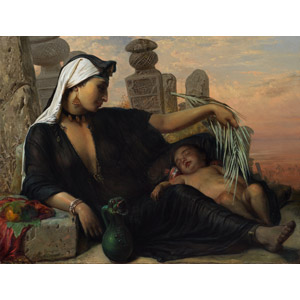 フリー絵画, アンナ・マリア・エリザベス・ジェリショー, 人物画, 親子, 母親（お母さん）, 子供, 赤ちゃん, 寝る（寝顔）, 農家（農民）, 夕暮れ（夕方）, エジプト人